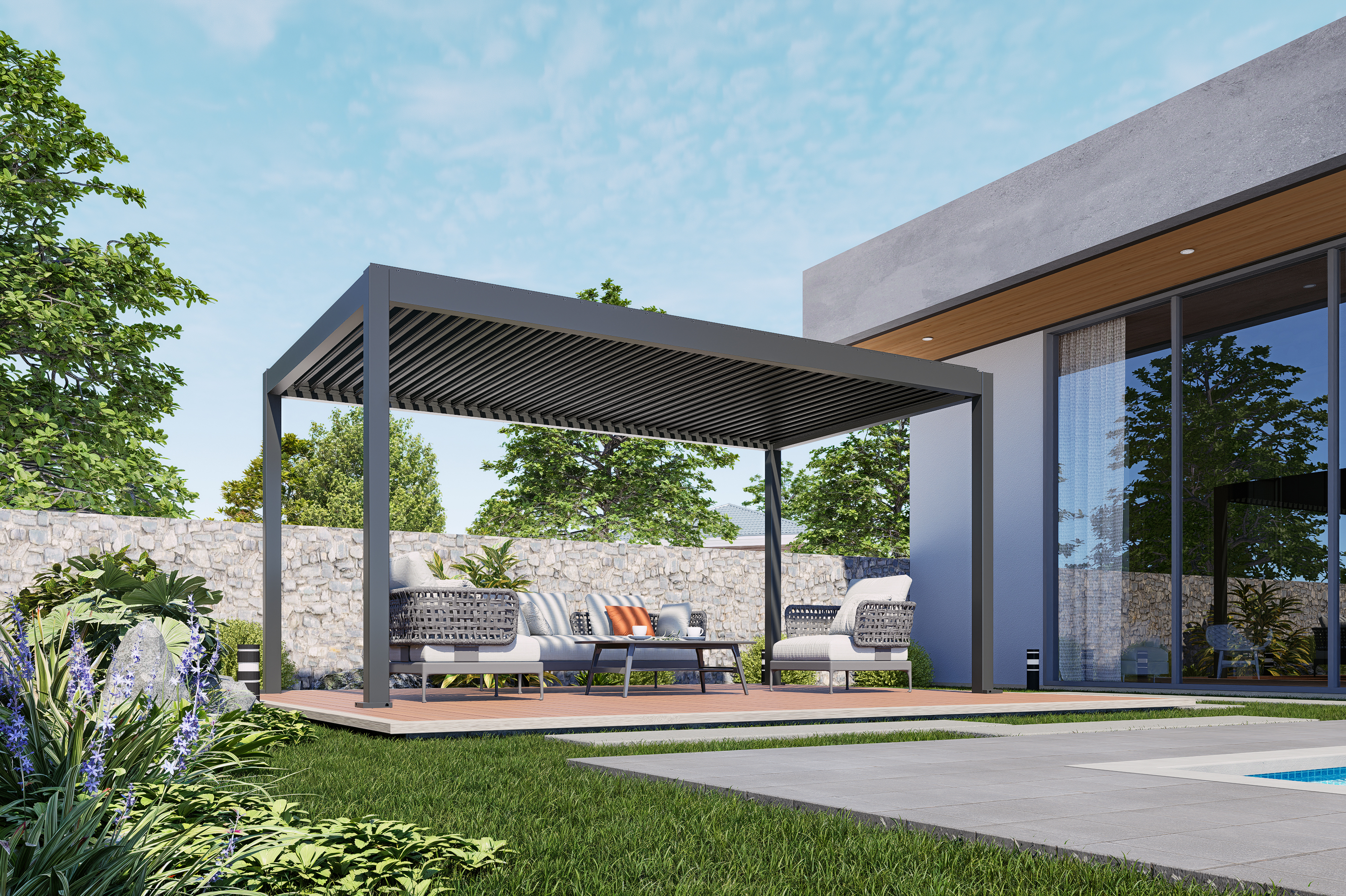 Pergola frangisole LUMINA antracite con lamelle orientabili in un giardino contemporaneo