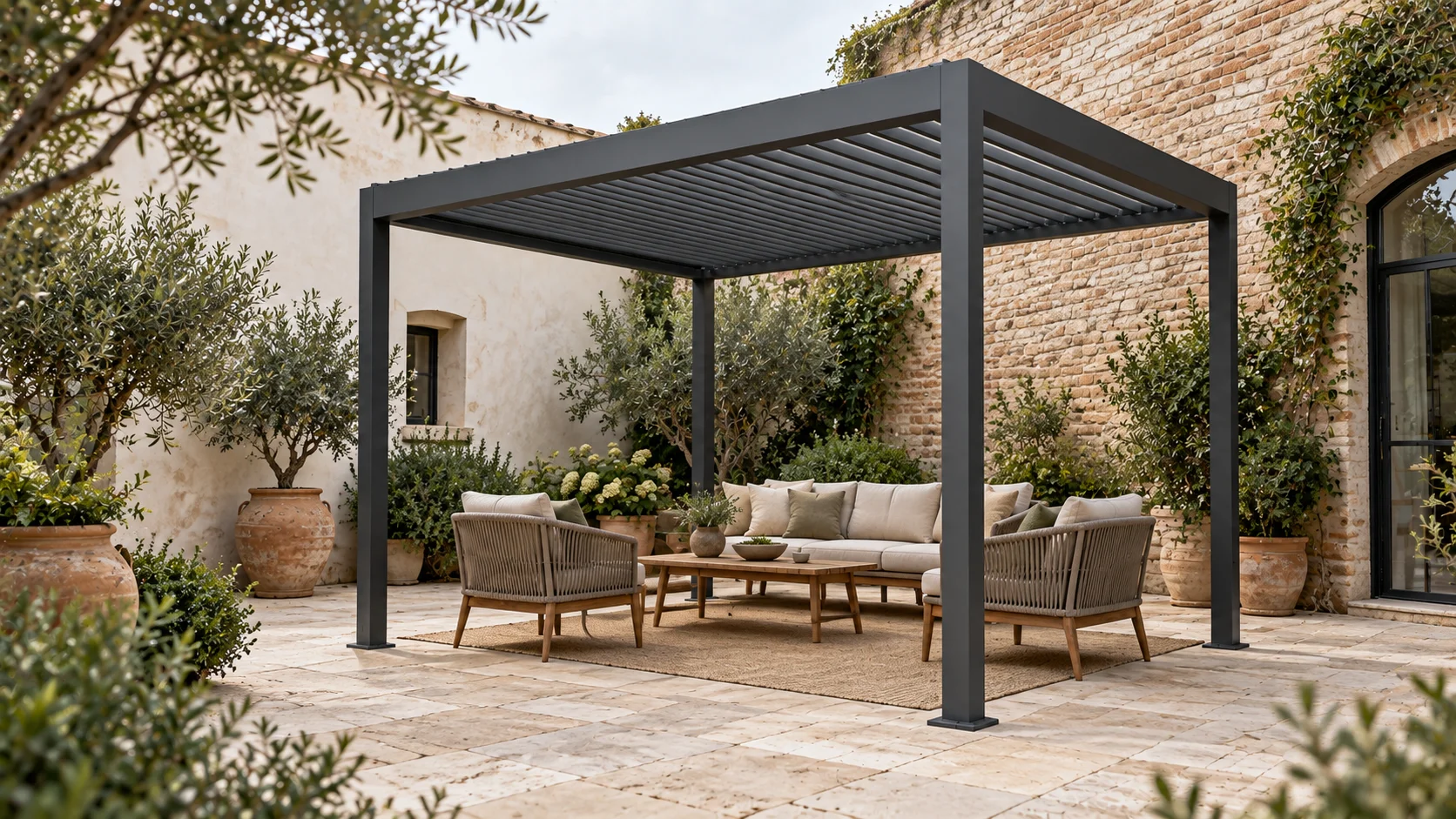 Pergola LUMINA antracite in un piccolo cortile con salotto