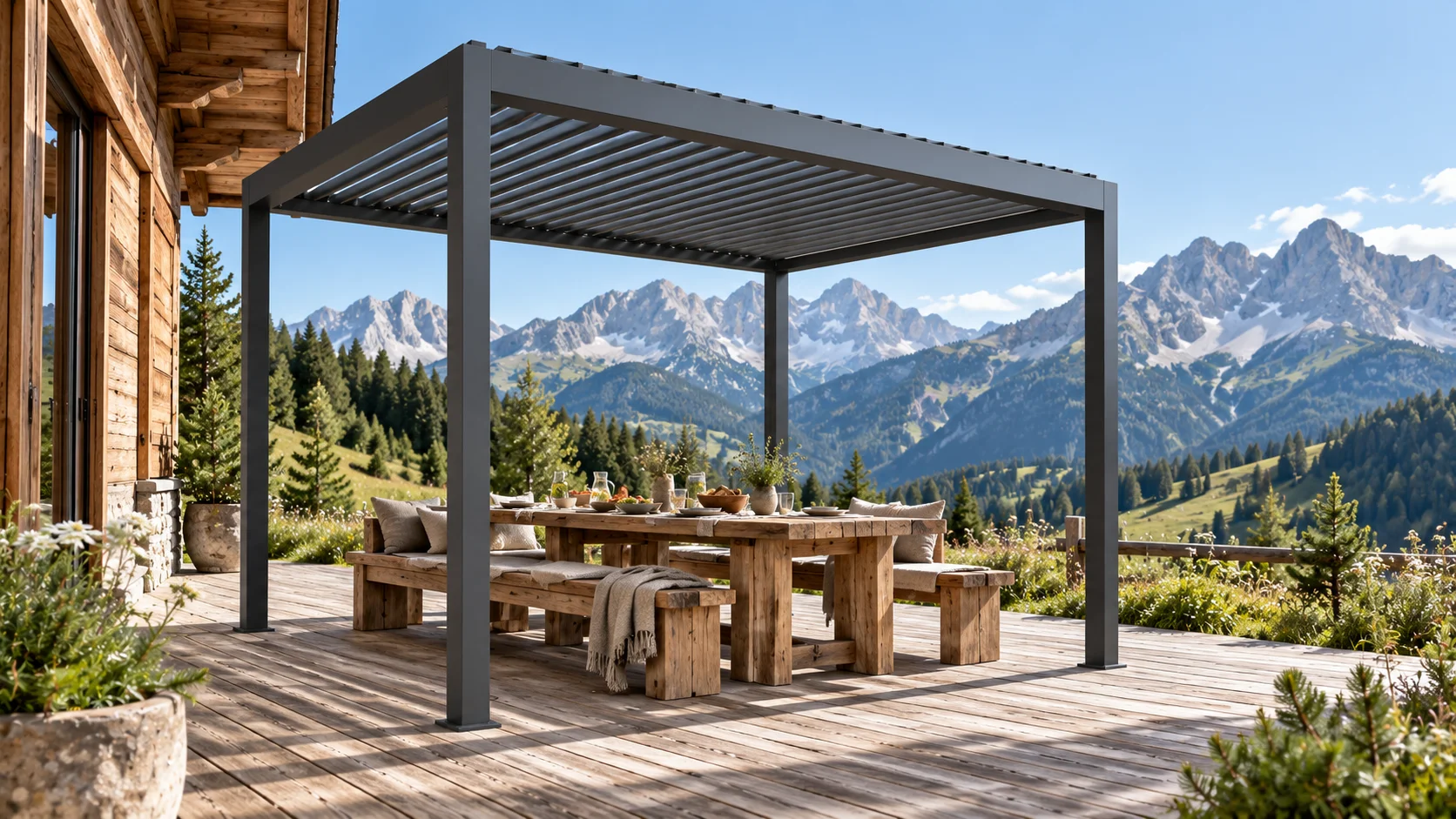 Pergola LUMINA antracite sulla terrazza estiva di uno chalet alpino