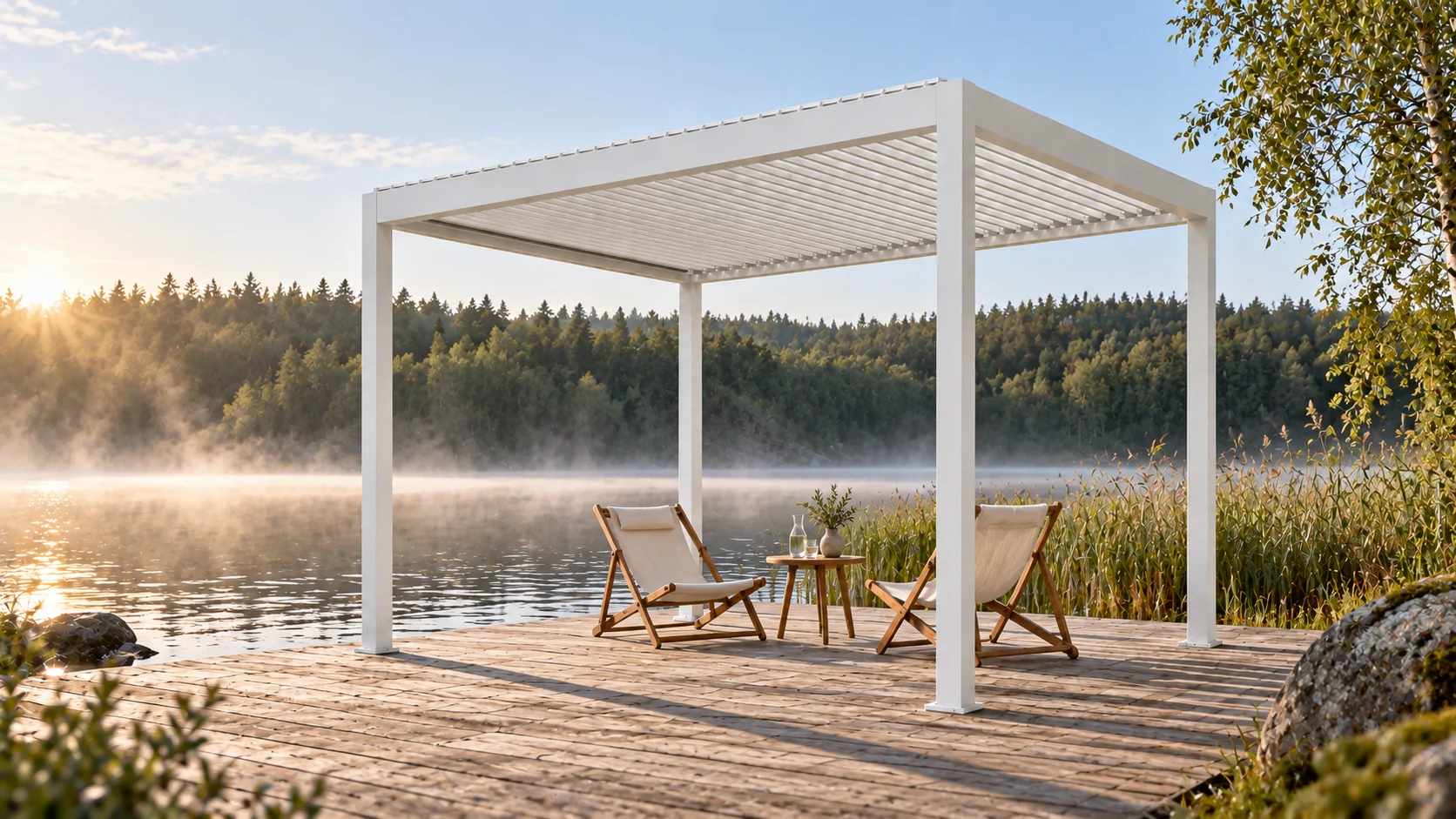 Pergola LUMINA bianca su una pedana in legno affacciata sul lago