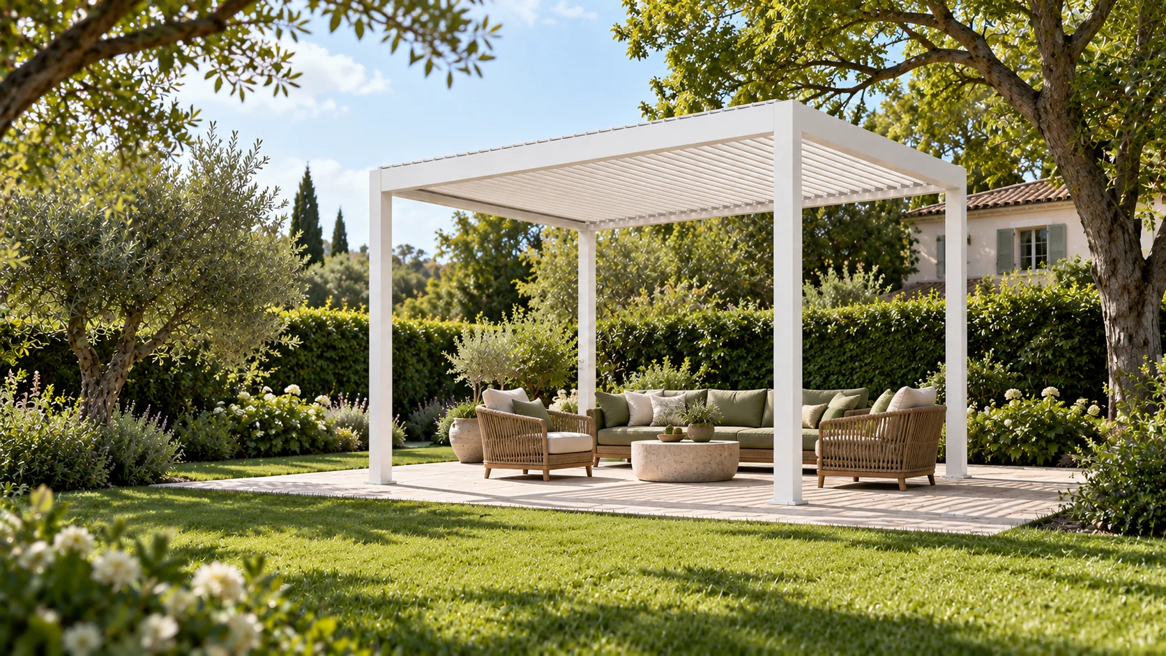 Pergola LUMINA bianca con salotto in un rigoglioso giardino residenziale