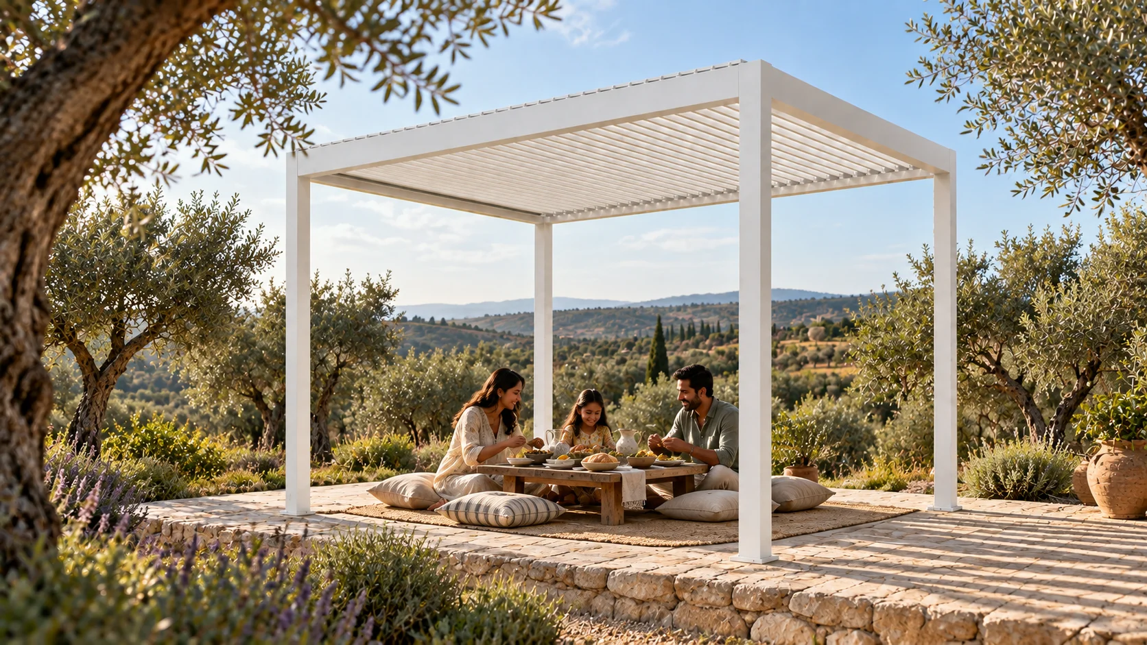 Una famiglia condivide un picnic sotto la pergola LUMINA bianca in un uliveto