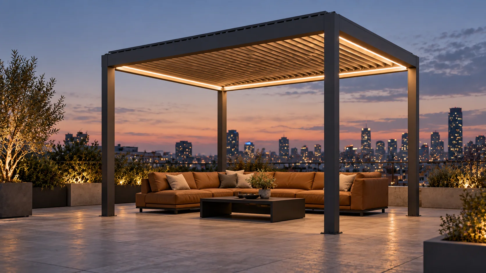 Pergola LUMINA antracite illuminata a LED su una terrazza urbana