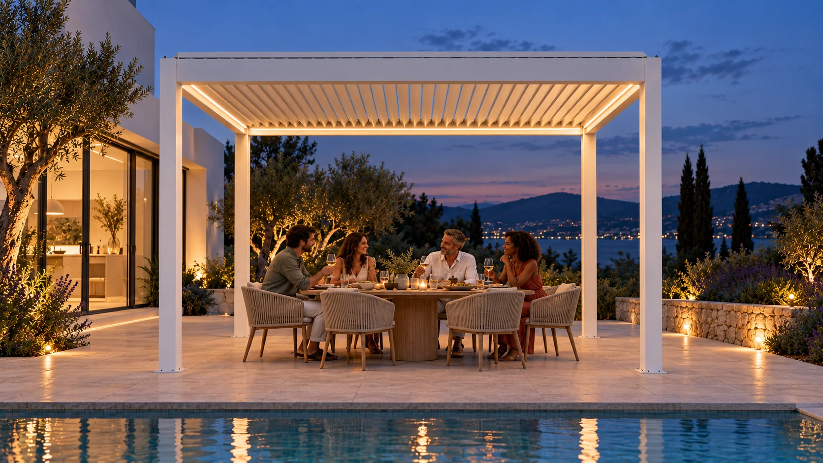 Amici cenano sotto la pergola LUMINA bianca illuminata a LED