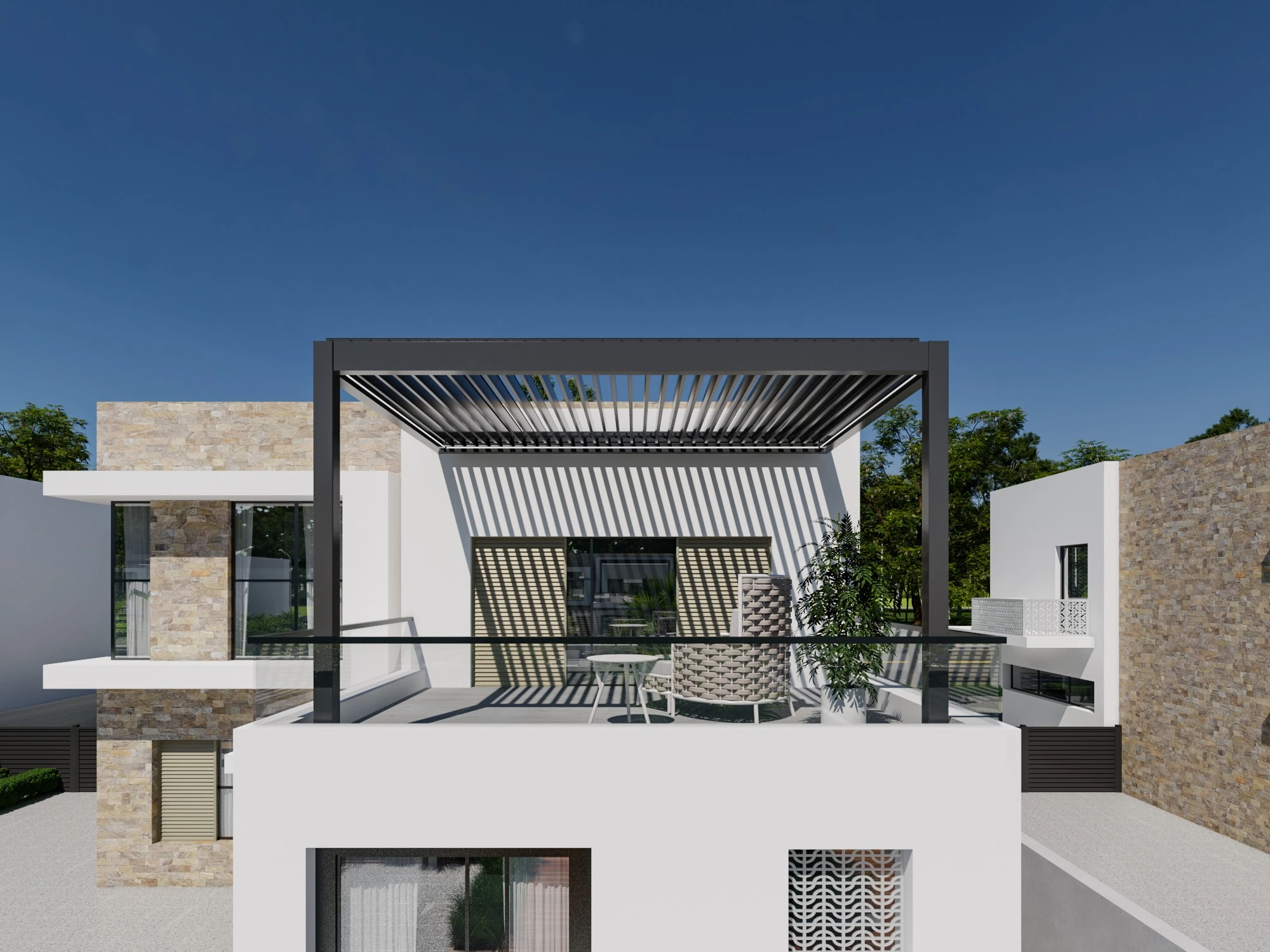 LUMINA antracite su un terrazzo con lamelle aperte